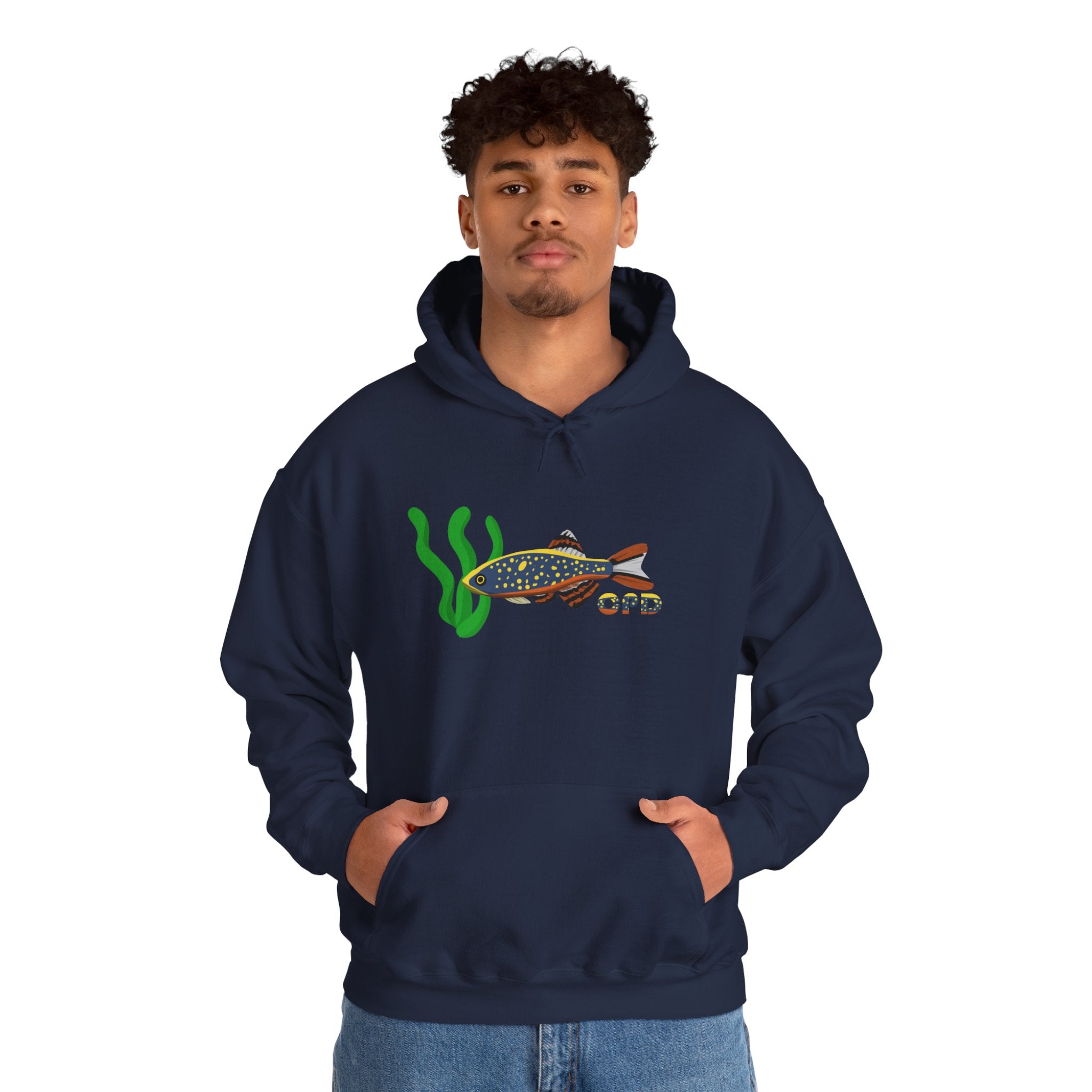 Man wearing blue hoodie with fish and plant chest design