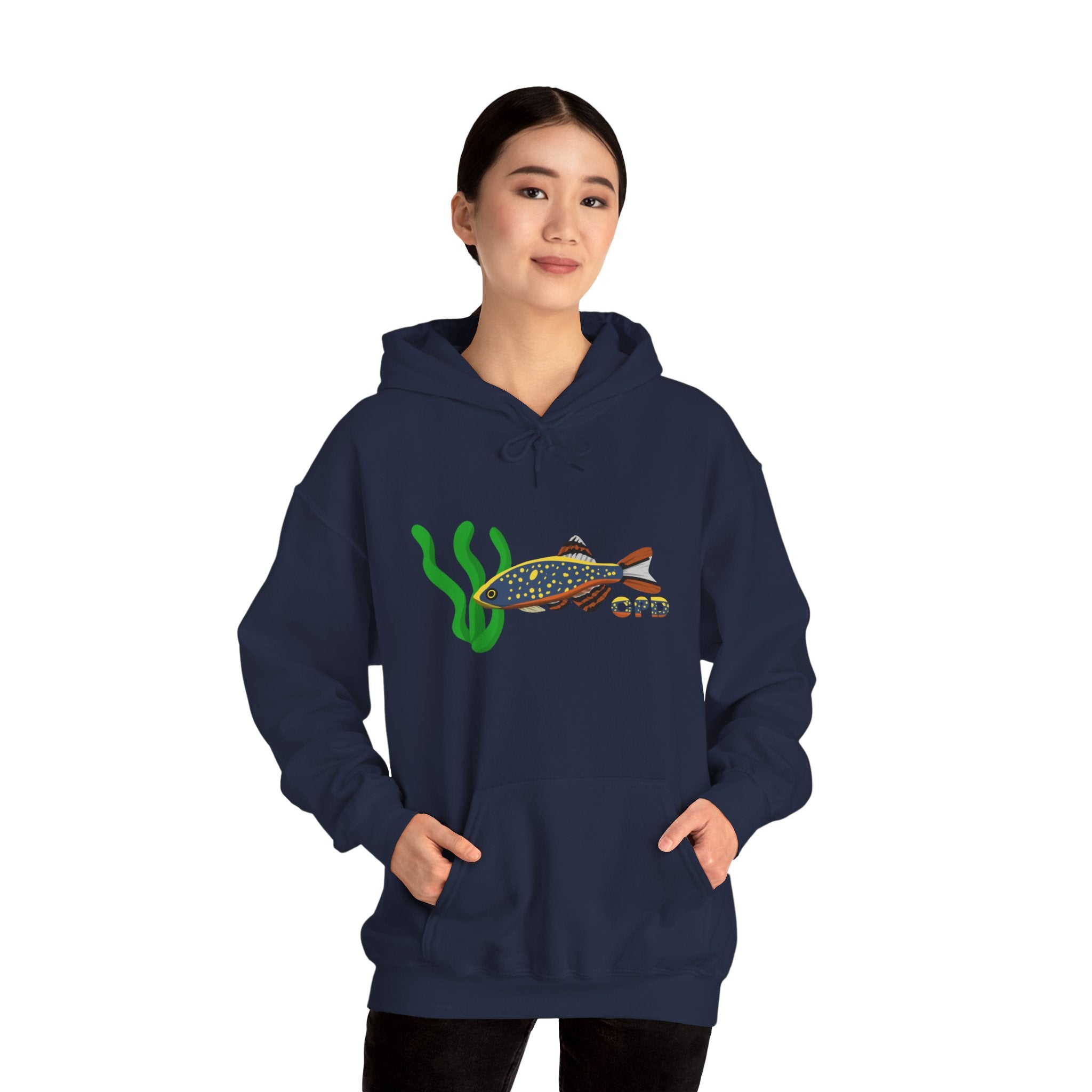 Oversized blue hoodie worn by woman, Galaxy Rasbora design on chest