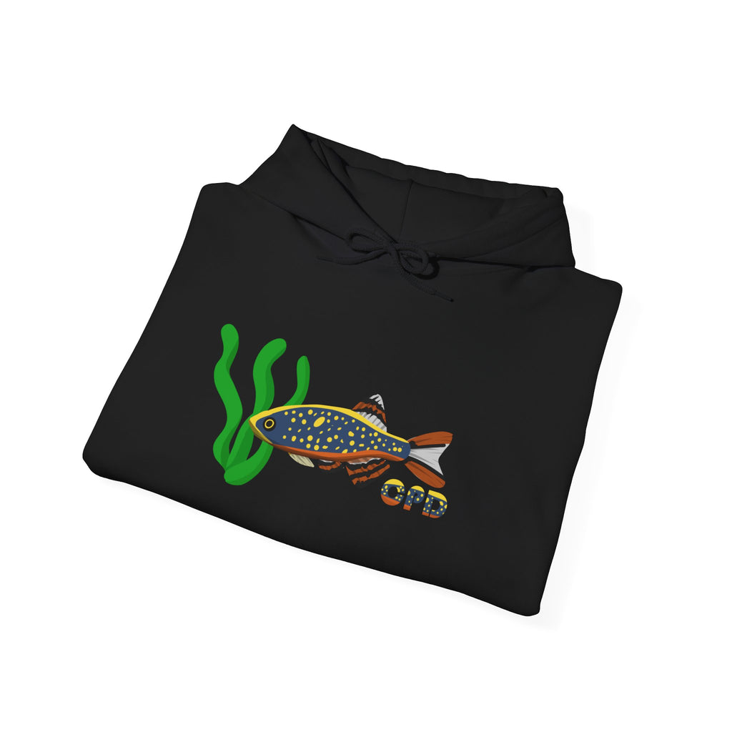 Black Celestial Pearl Danio hoodie with colorful fish and green seaweed design