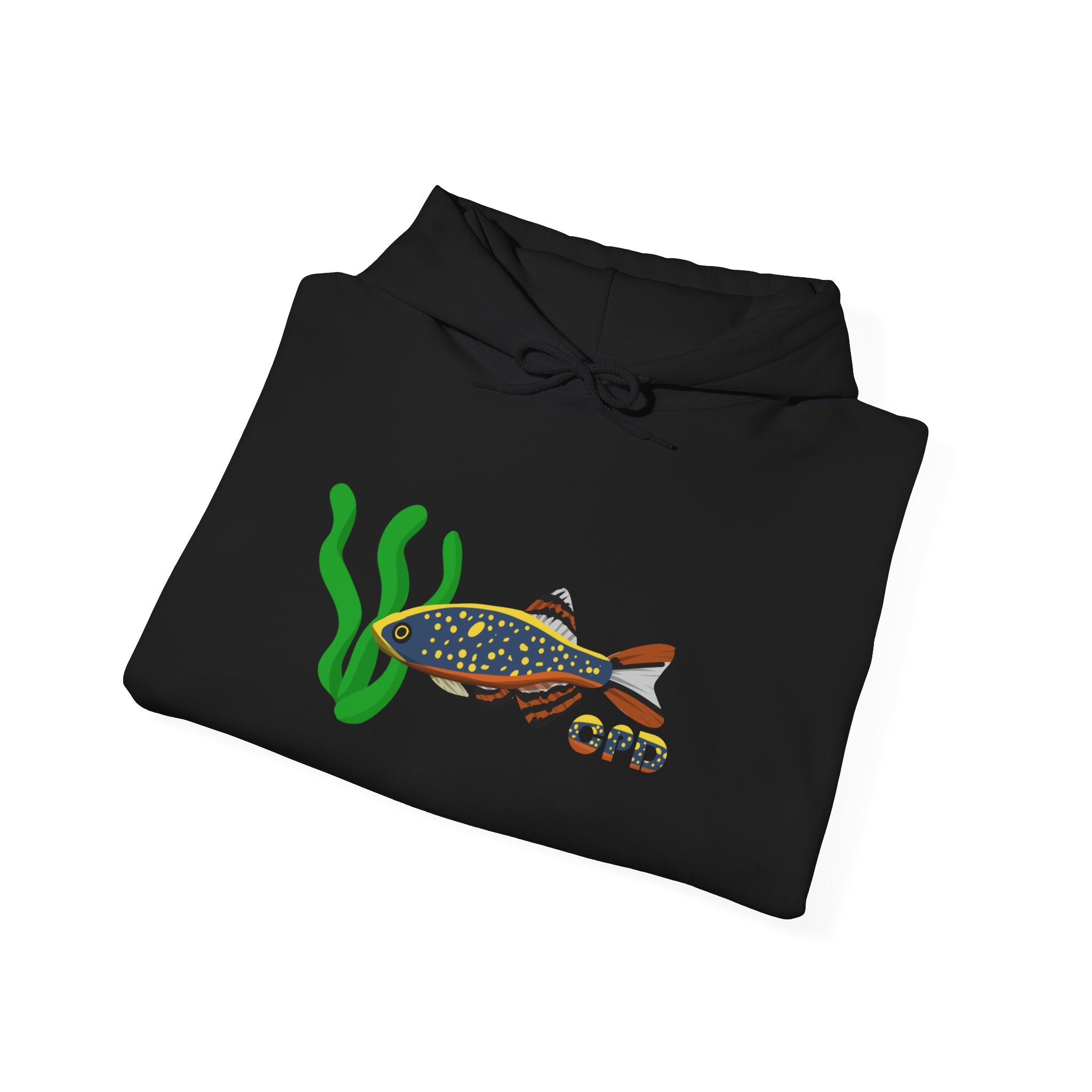 Black Celestial Pearl Danio hoodie with colorful fish and green seaweed design