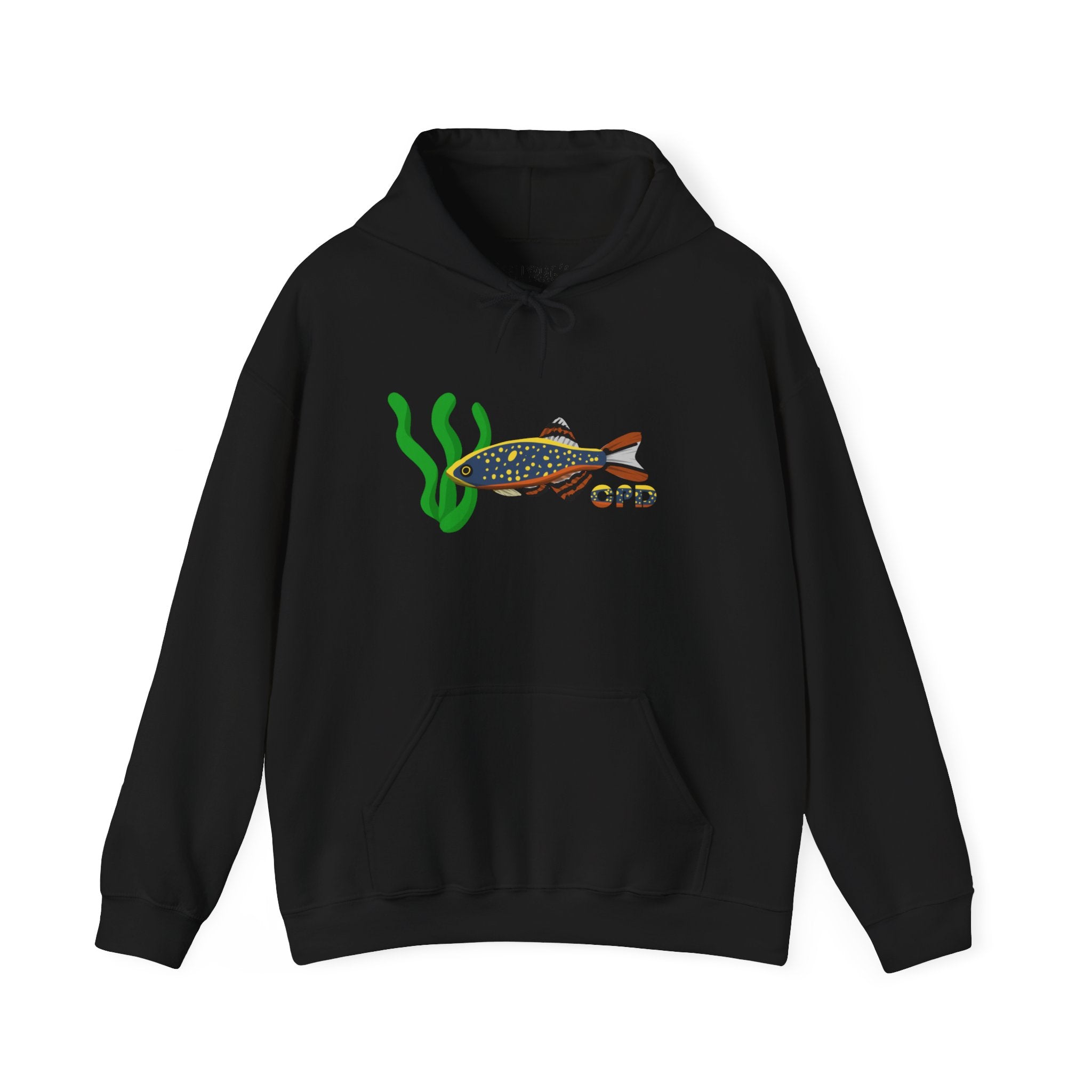 Black Celestial Pearl Danio hoodie with fish and seaweed design on front