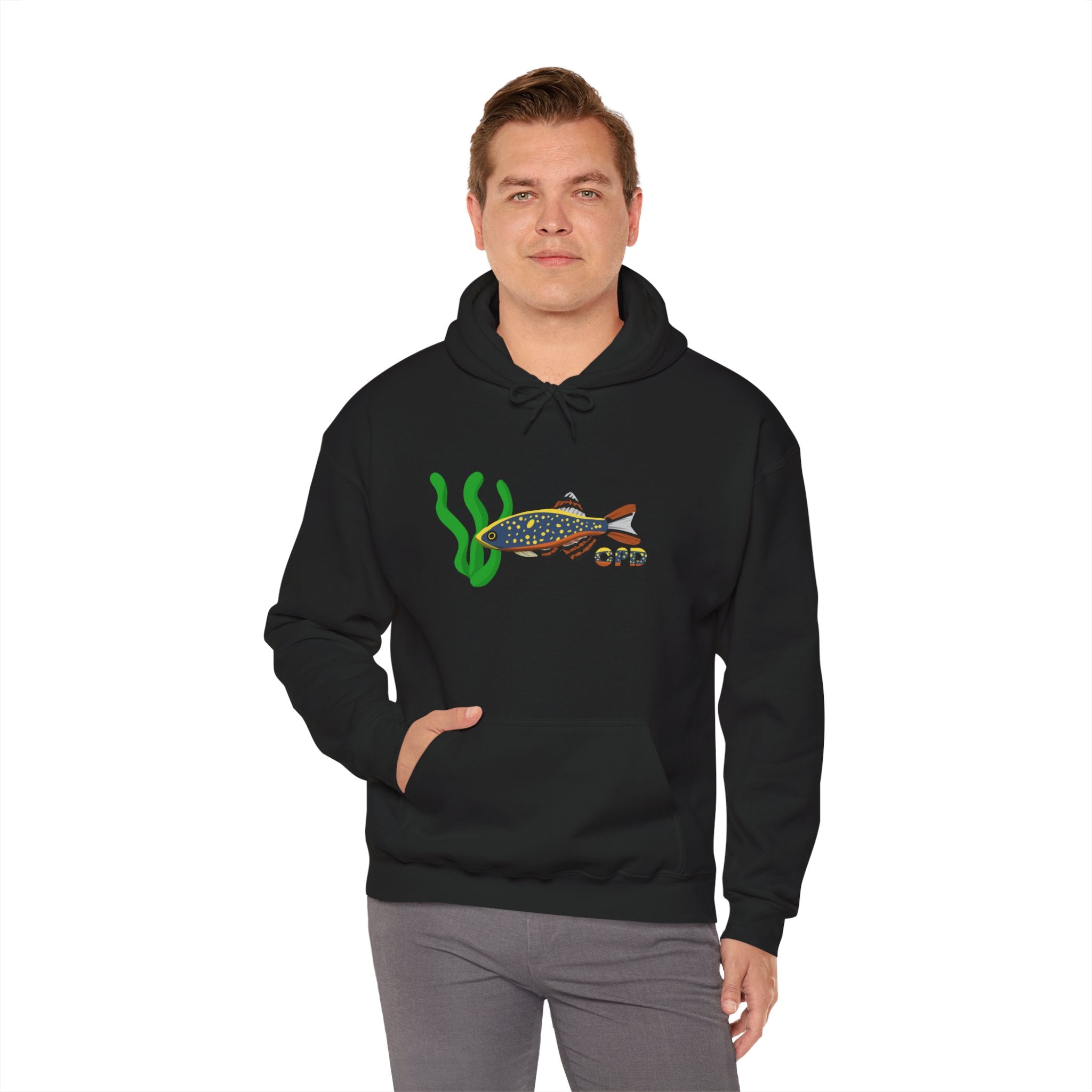 Black Celestial Pearl Danio hoodie featuring colorful fish and green aquatic plant design