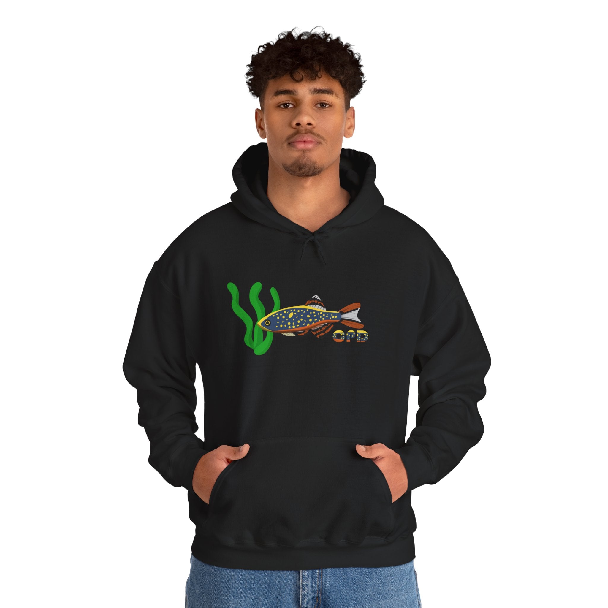 Black Celestial Pearl Danio hoodie featuring colorful fish and green aquatic plants