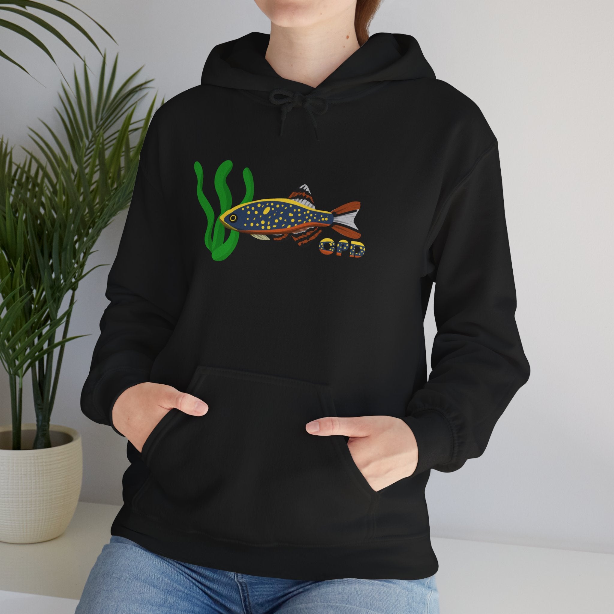 Black Celestial Pearl Danio hoodie with colorful fish and seaweed graphic on front