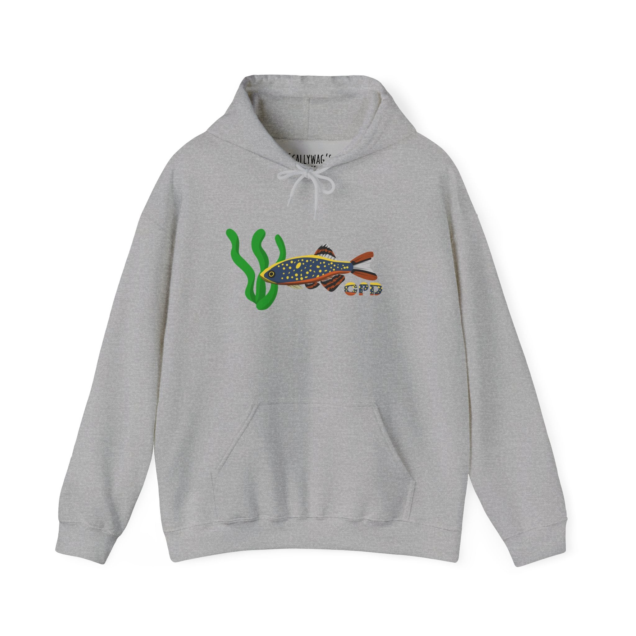 Gray Celestial Pearl Danio hoodie with fish and seaweed graphic on front
