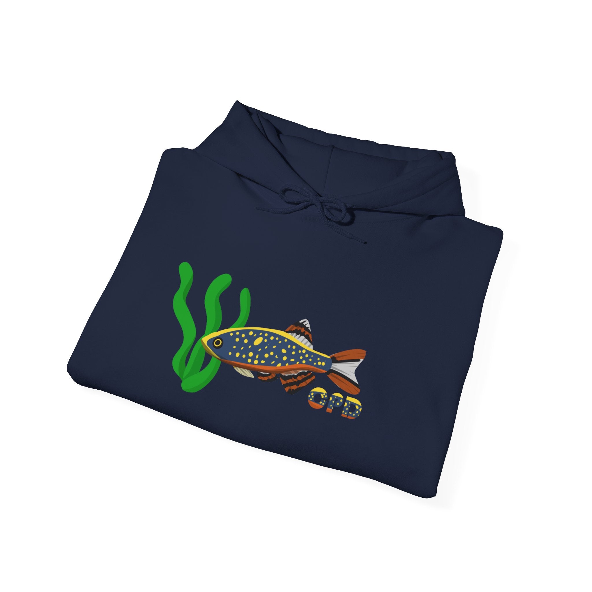 Navy blue Celestial Pearl Danio hoodie with colorful fish and green seaweed design