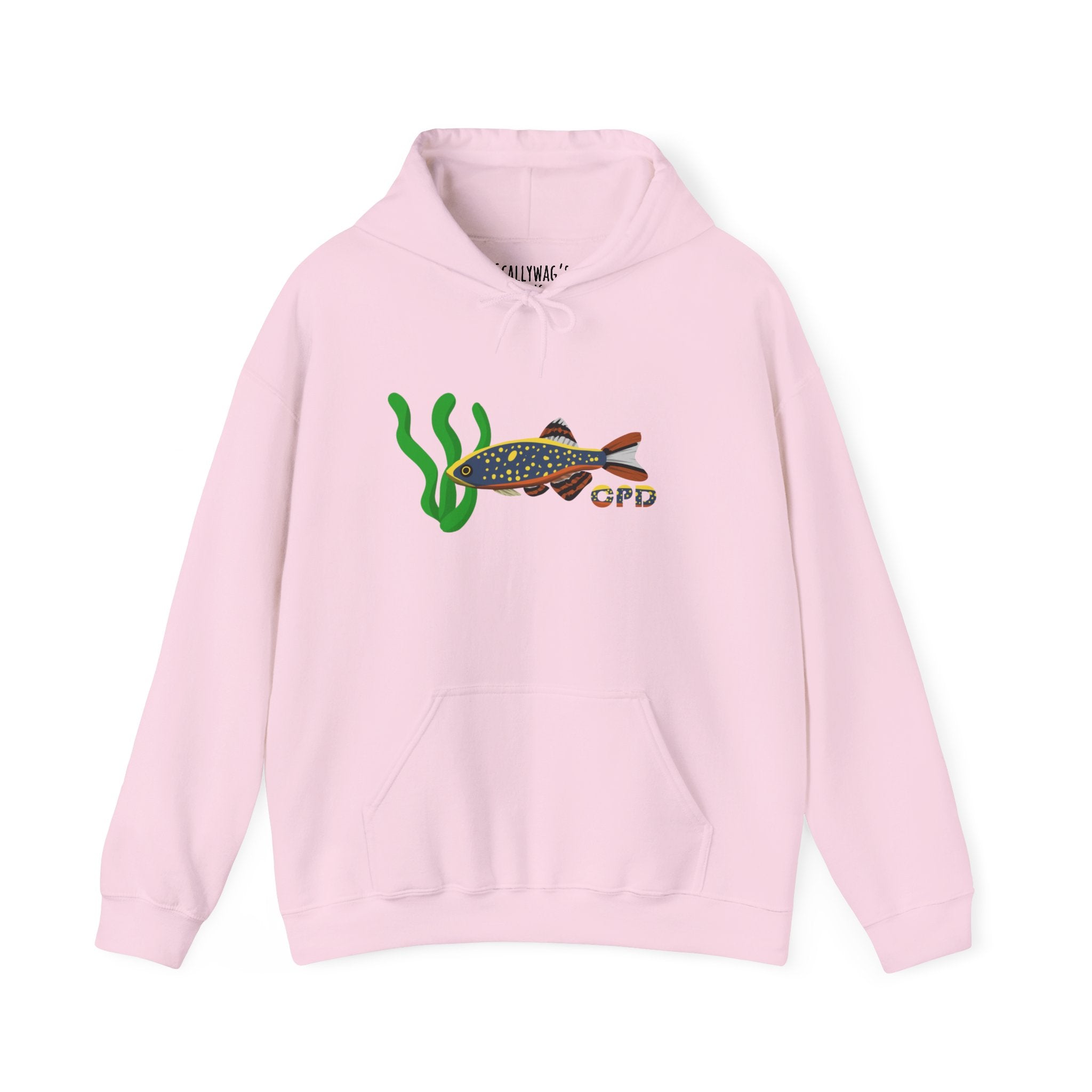 Light pink Celestial Pearl Danio hoodie with fish and green seaweed graphic