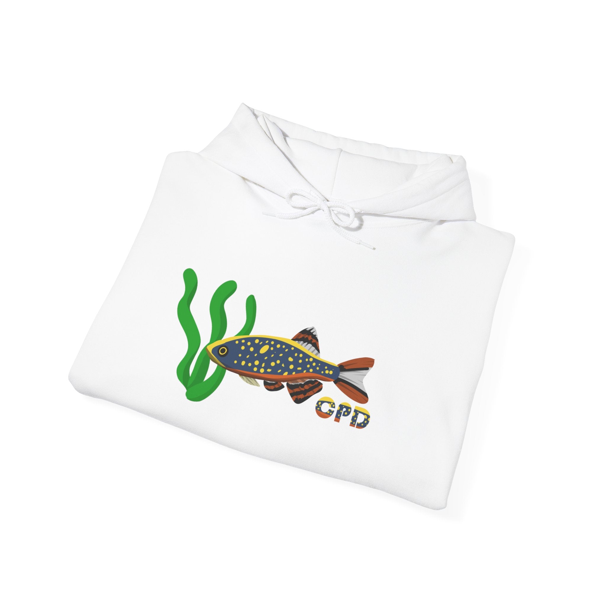 White Celestial Pearl Danio hoodie with colorful fish and aquatic plant graphic