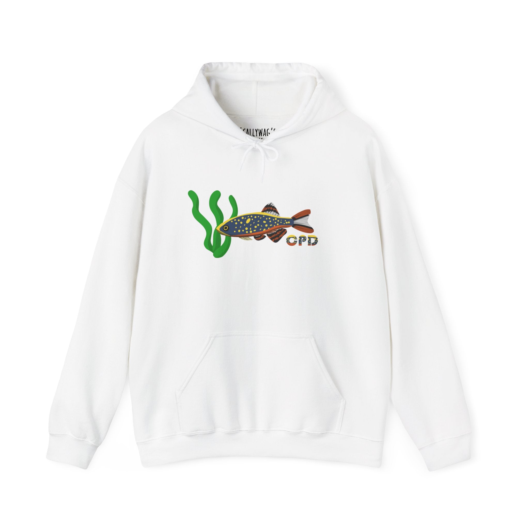 White Celestial Pearl Danio hoodie with colorful fish and green aquatic plant graphic