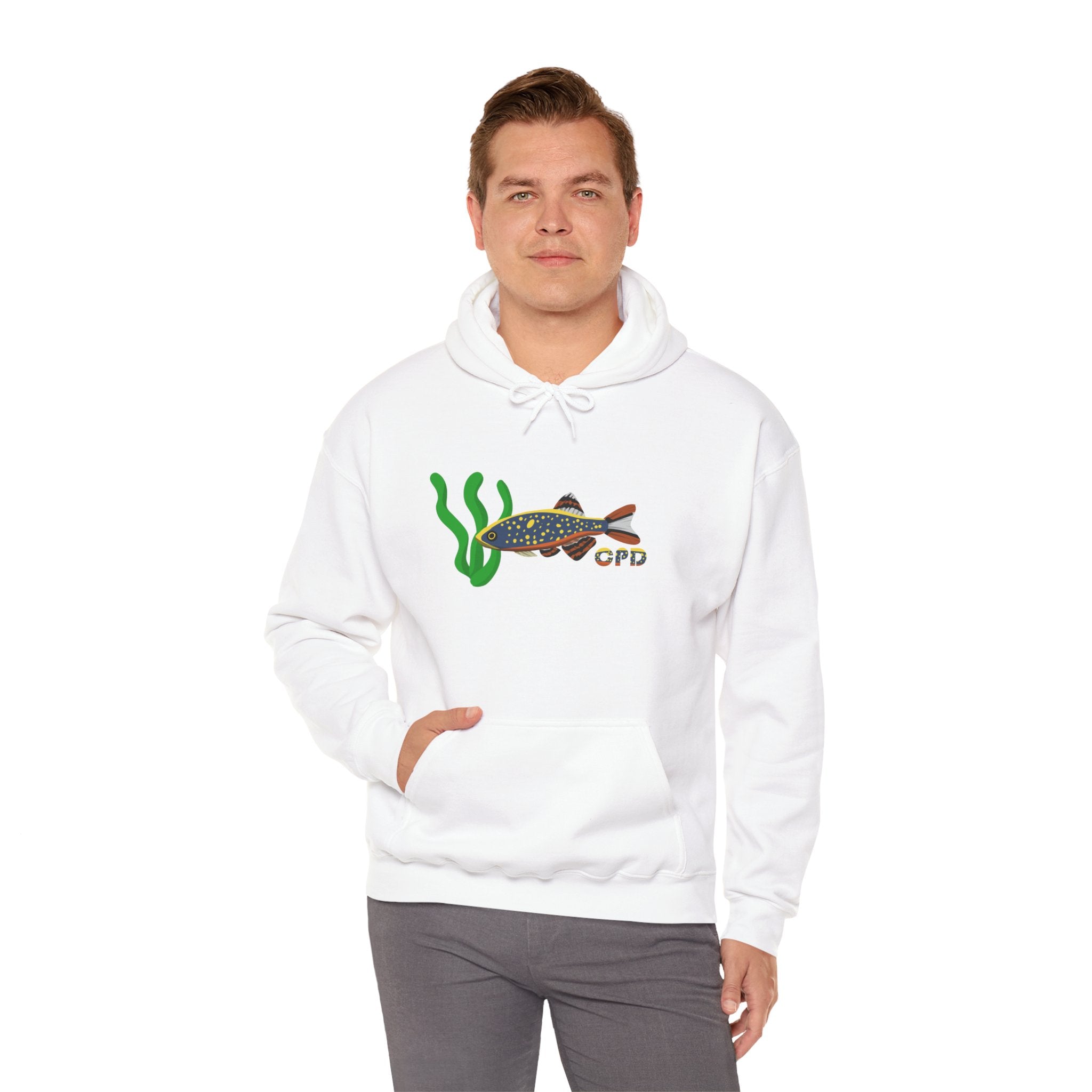 White Celestial Pearl Danio hoodie with fish and seaweed graphic worn by man