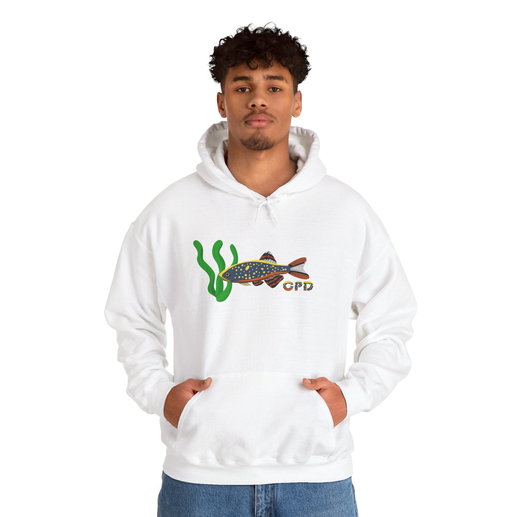 White Celestial Pearl Danio hoodie featuring fish and seaweed graphic on front