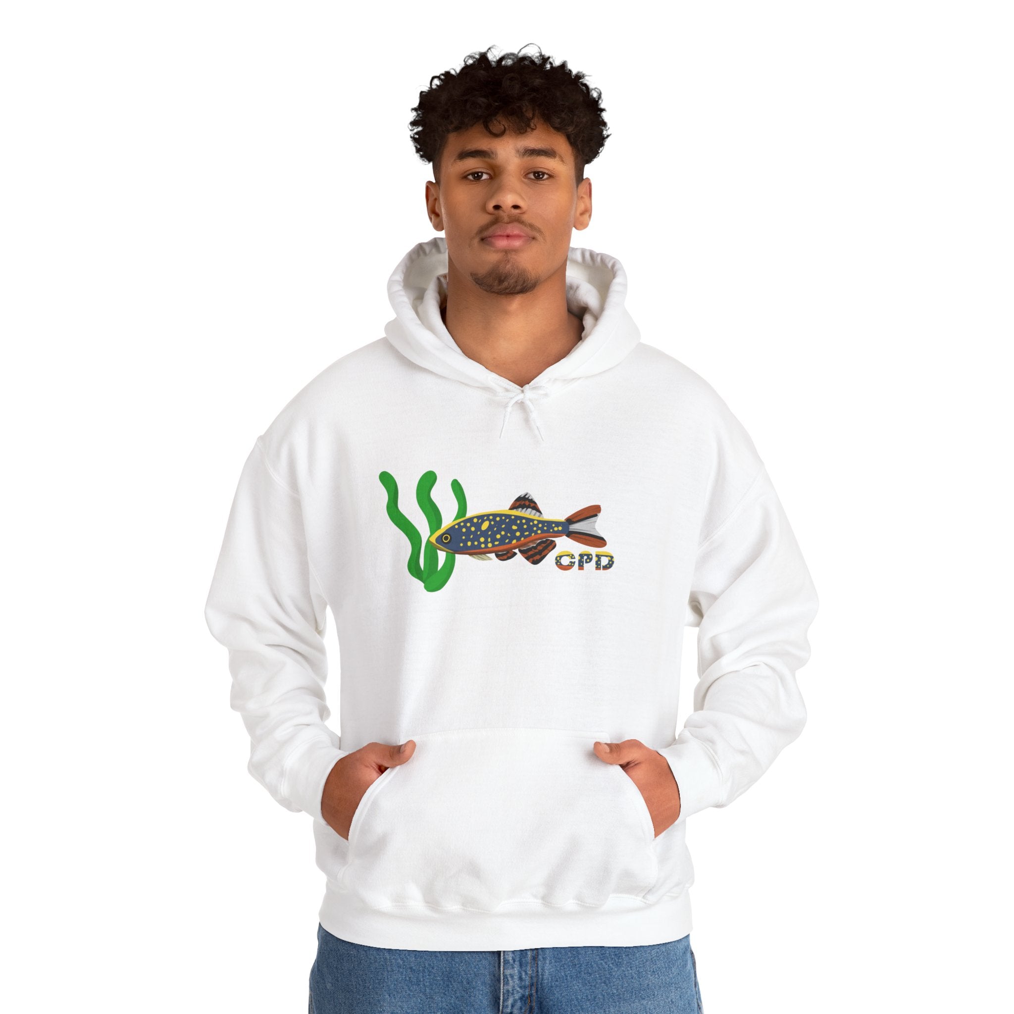 White Celestial Pearl Danio hoodie featuring fish and seaweed graphic on front