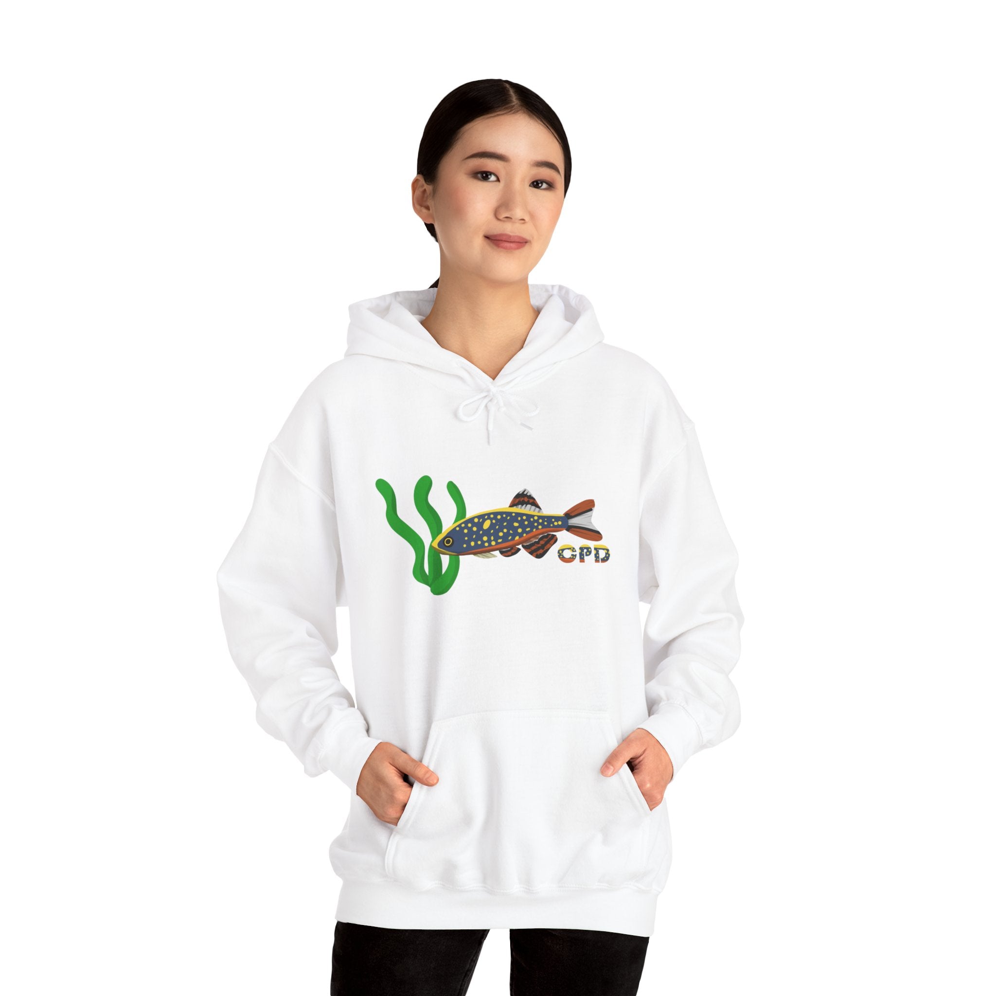 White Celestial Pearl Danio hoodie with colorful fish graphic worn by woman