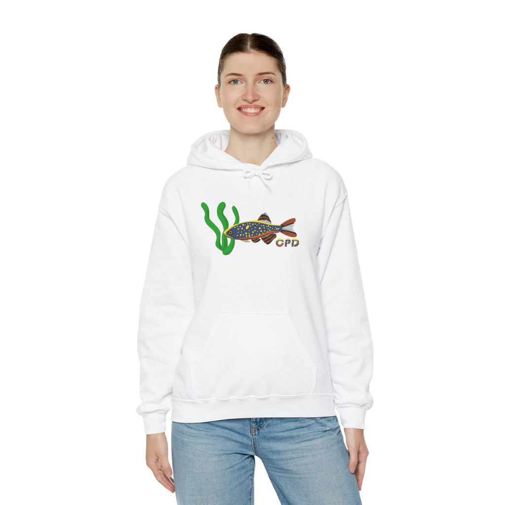 White Celestial Pearl Danio hoodie featuring fish and seaweed graphic worn by smiling woman