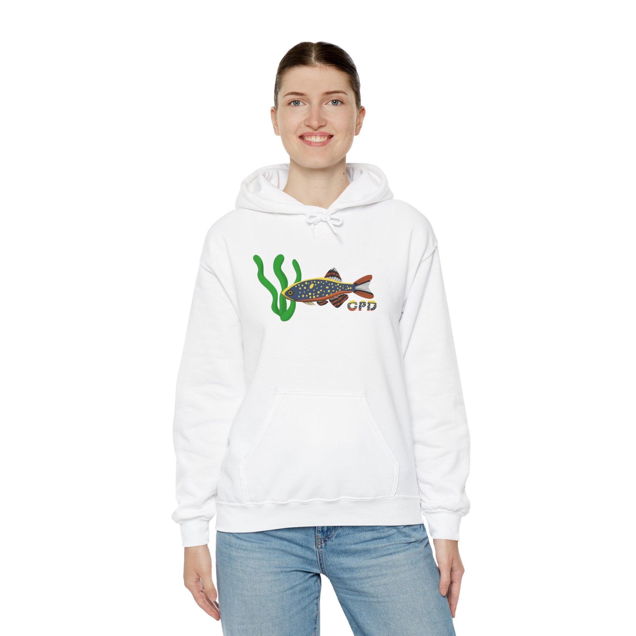 White Celestial Pearl Danio hoodie featuring fish and seaweed graphic worn by smiling woman