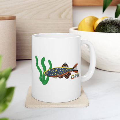 White mug featuring colorful Celestial Pearl Danio fish design with green aquatic plants
