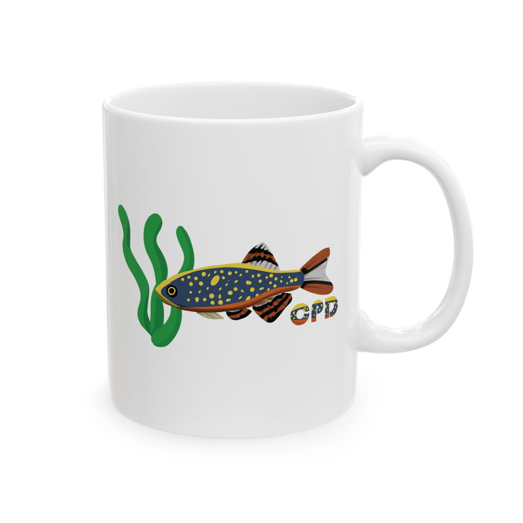 White ceramic Celestial Pearl Danio mug with colorful fish and green aquatic plant print