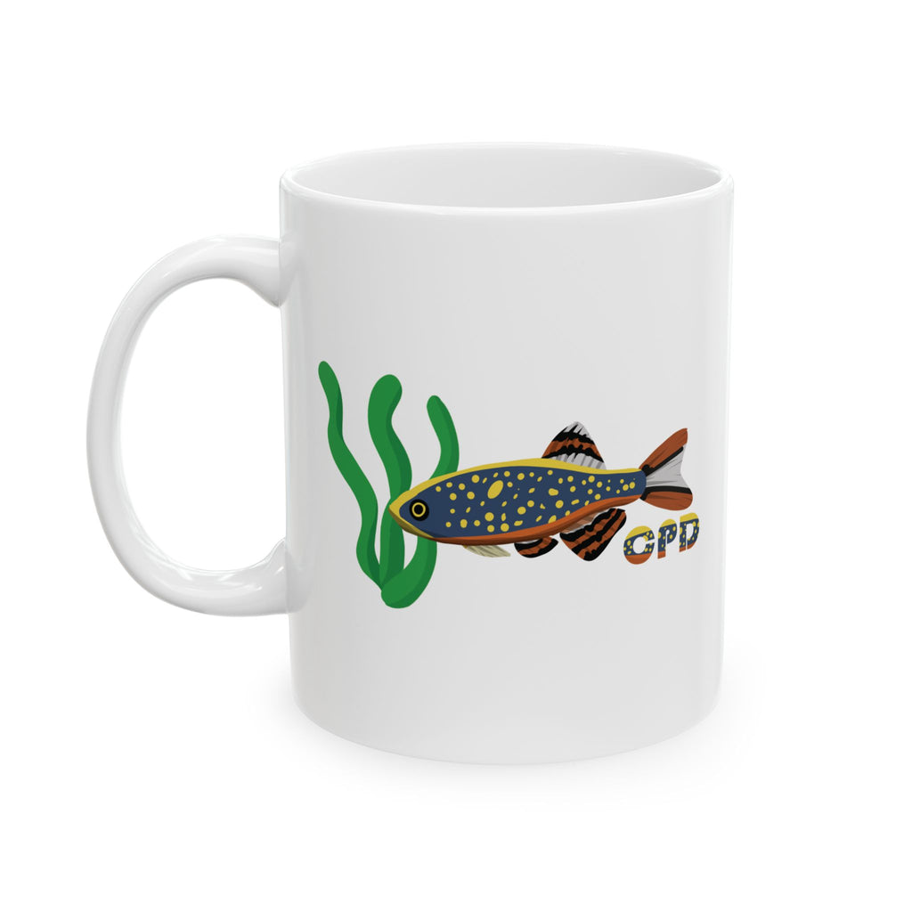 White mug featuring a colorful Celestial Pearl Danio mug design with green aquatic plants