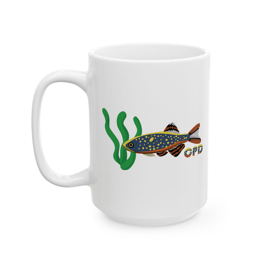 White ceramic Celestial Pearl Danio mug featuring a colorful fish and green seaweed illustration