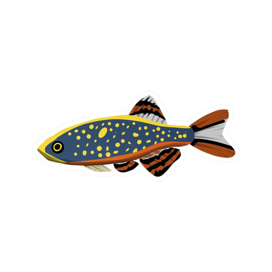 Printify Celestial Pearl Danio sticker featuring a colorful fish with yellow spots and striped fins
