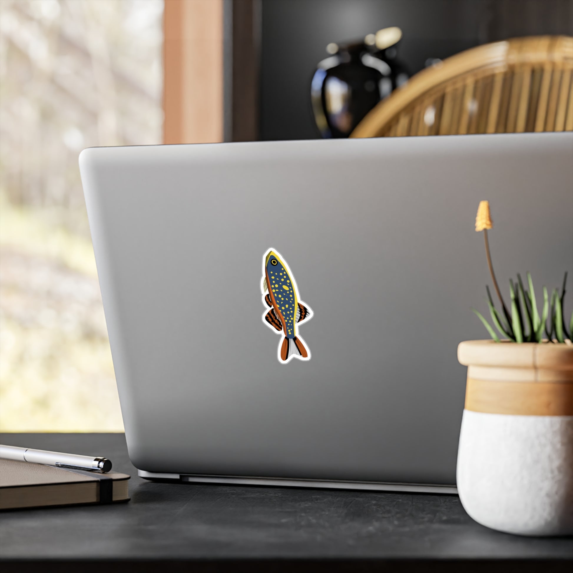 Celestial Pearl Danio sticker on a silver laptop next to a plant and notebook on a black desk