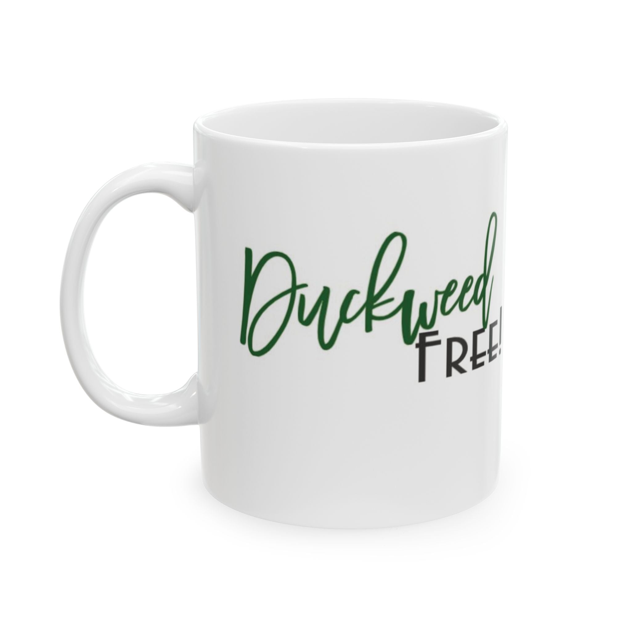White Printify ceramic mug with duckweed free aquarium gift text in green and black