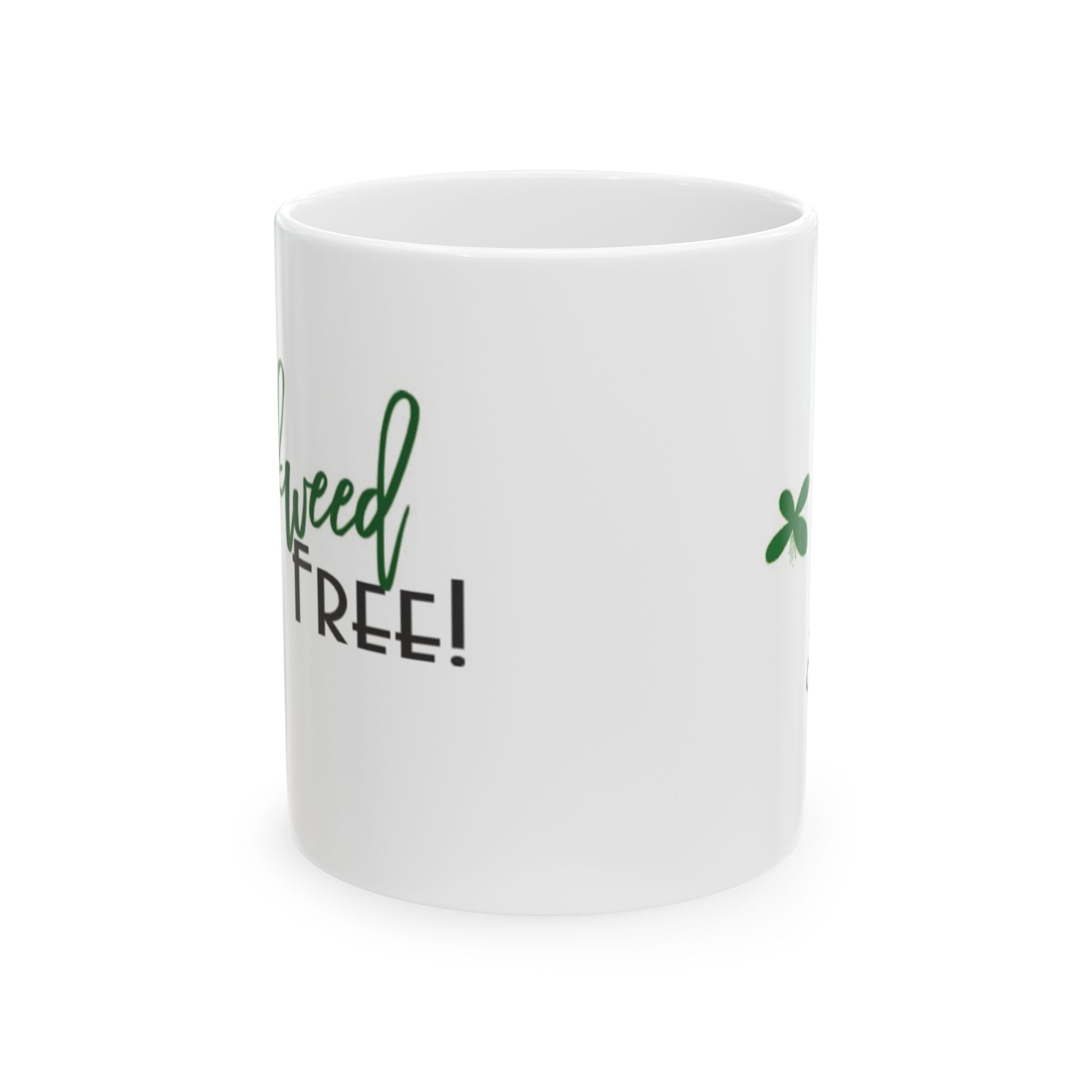White mug from Printify with duckweed free aquarium gift design and green text decoration