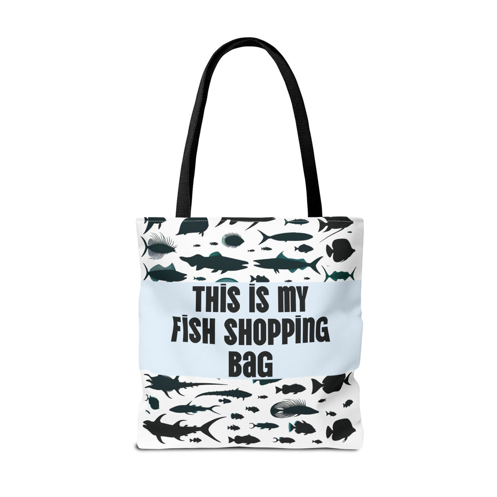 Tote bag with fish design and text 'This is my fish shopping bag' on a white background
