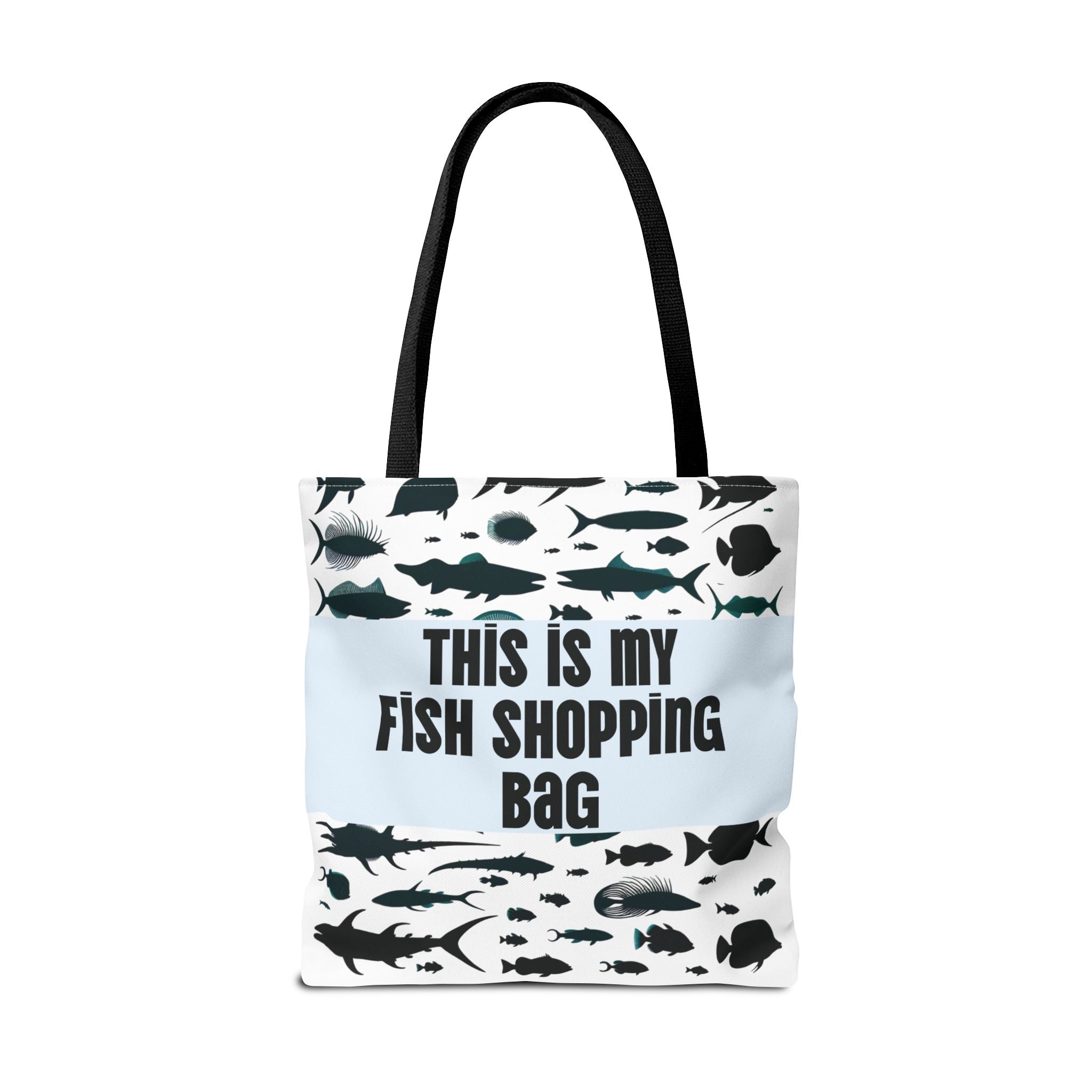 Tote bag with fish design and text 'This is my fish shopping bag' on a white background