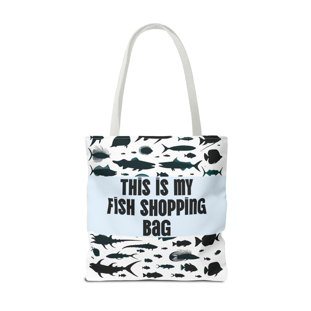 Tote bag with fish pattern and text 'This is my fish shopping bag' on a white background