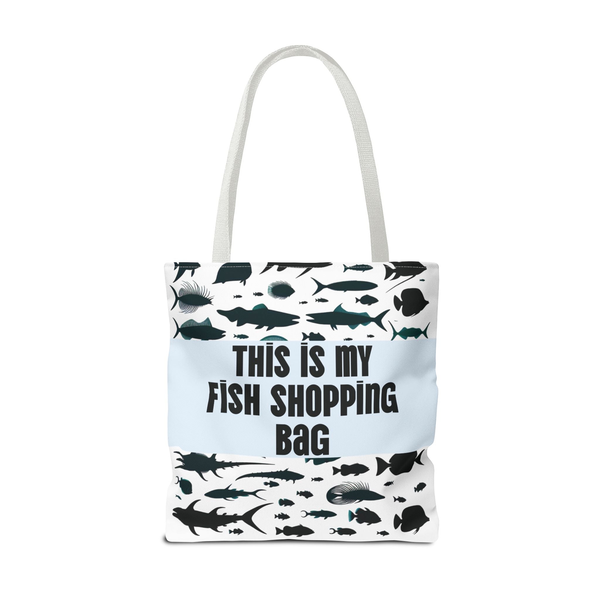 Tote bag with fish pattern and text 'This is my fish shopping bag' on a white background