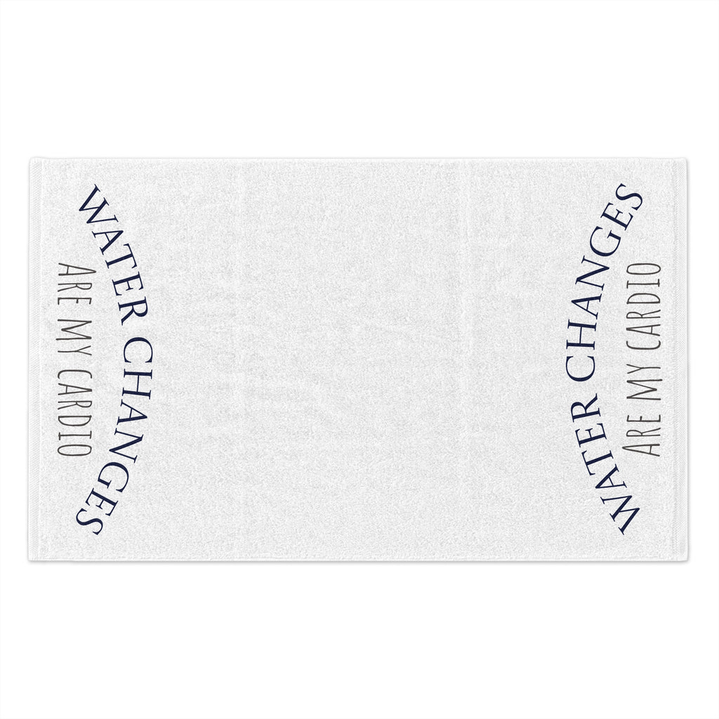 White fish tank cleaning cloth with black text reading water changes are my cardio
