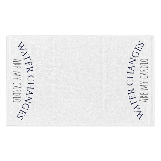 White fish tank cleaning cloth with black text reading water changes are my cardio