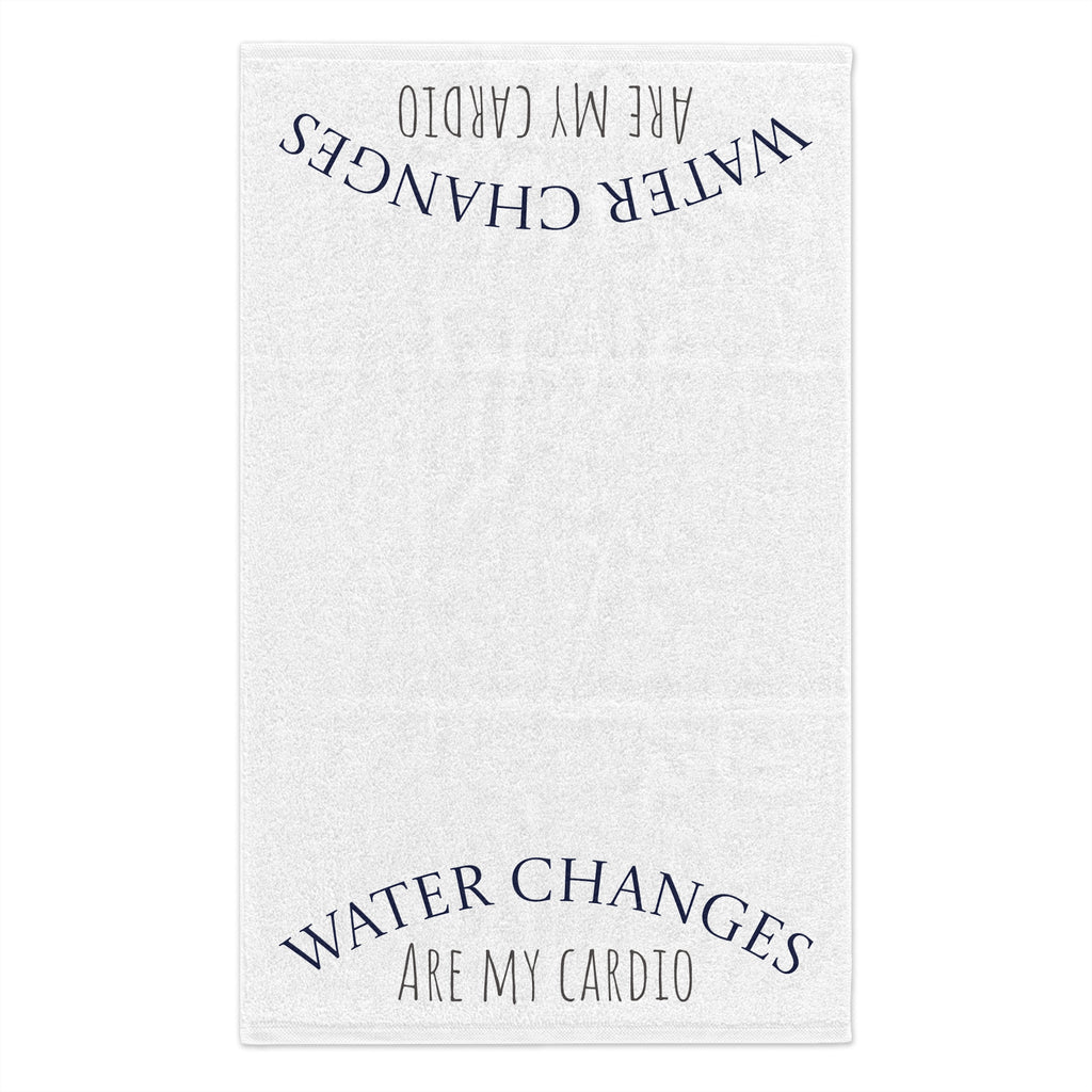 White fish tank cleaning cloth towel with Water Changes Are My Cardio text printed in blue