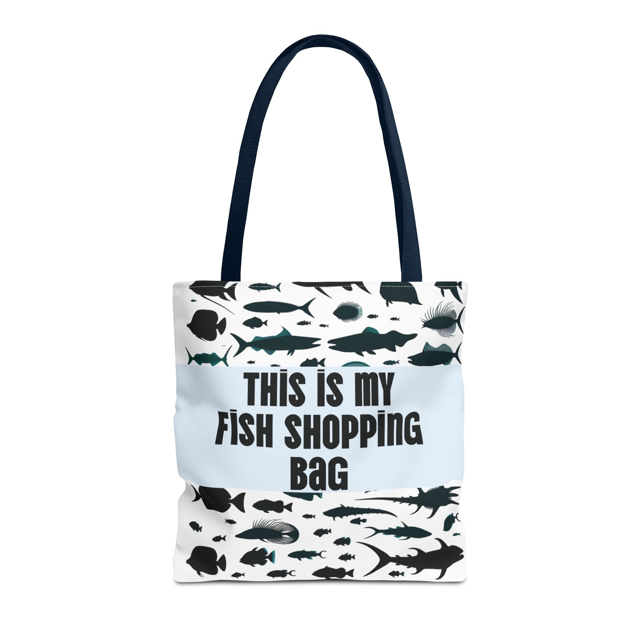 Fish-themed tote bag with black fish silhouettes and text this is my fish shopping bag