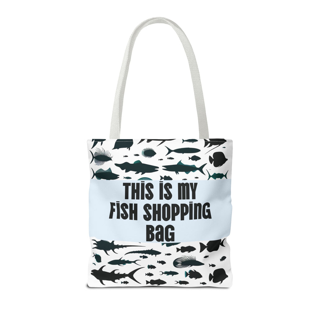 Tote bag with fish design and text 'This is my fish shopping bag' on a white background