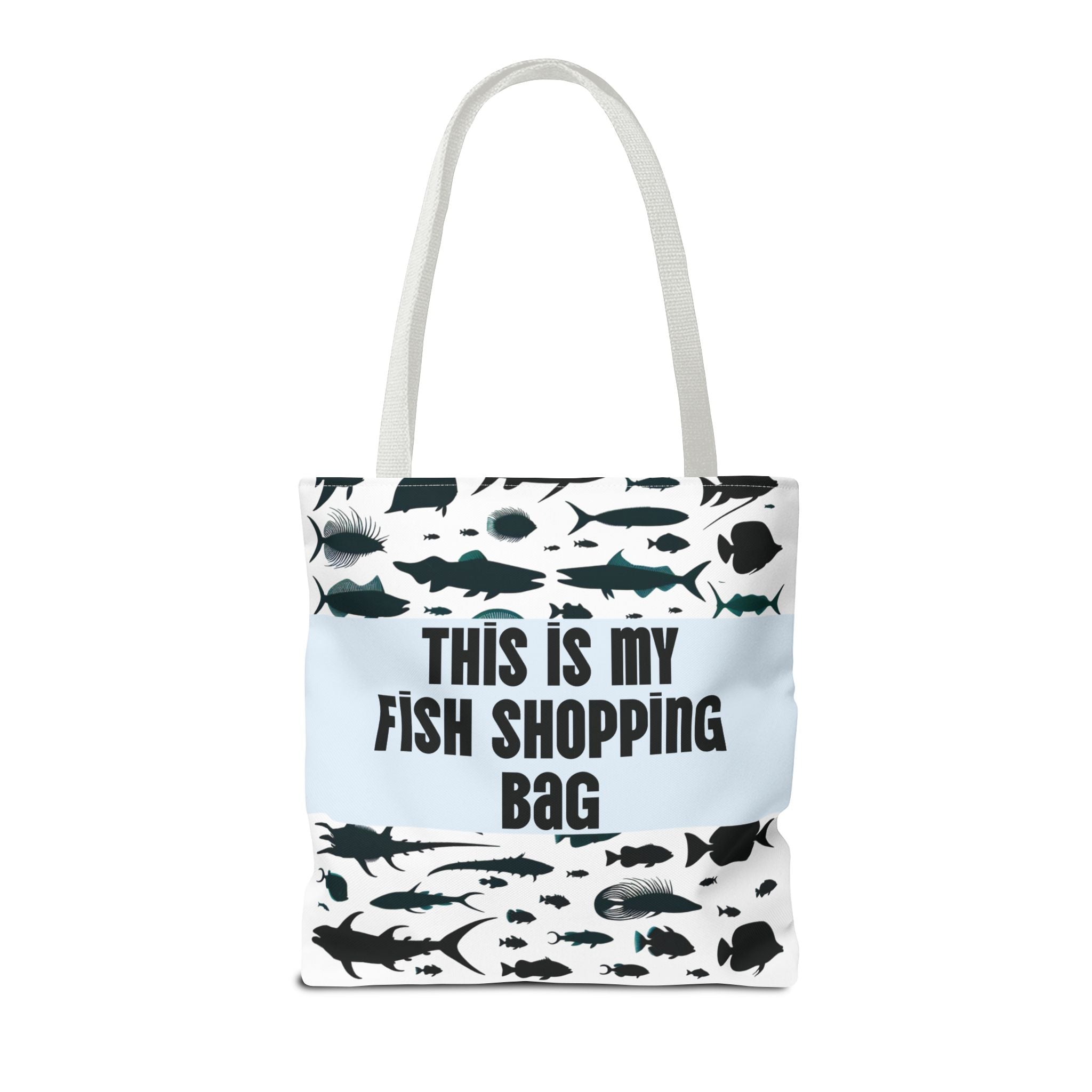 Tote bag with fish design and text 'This is my fish shopping bag' on a white background
