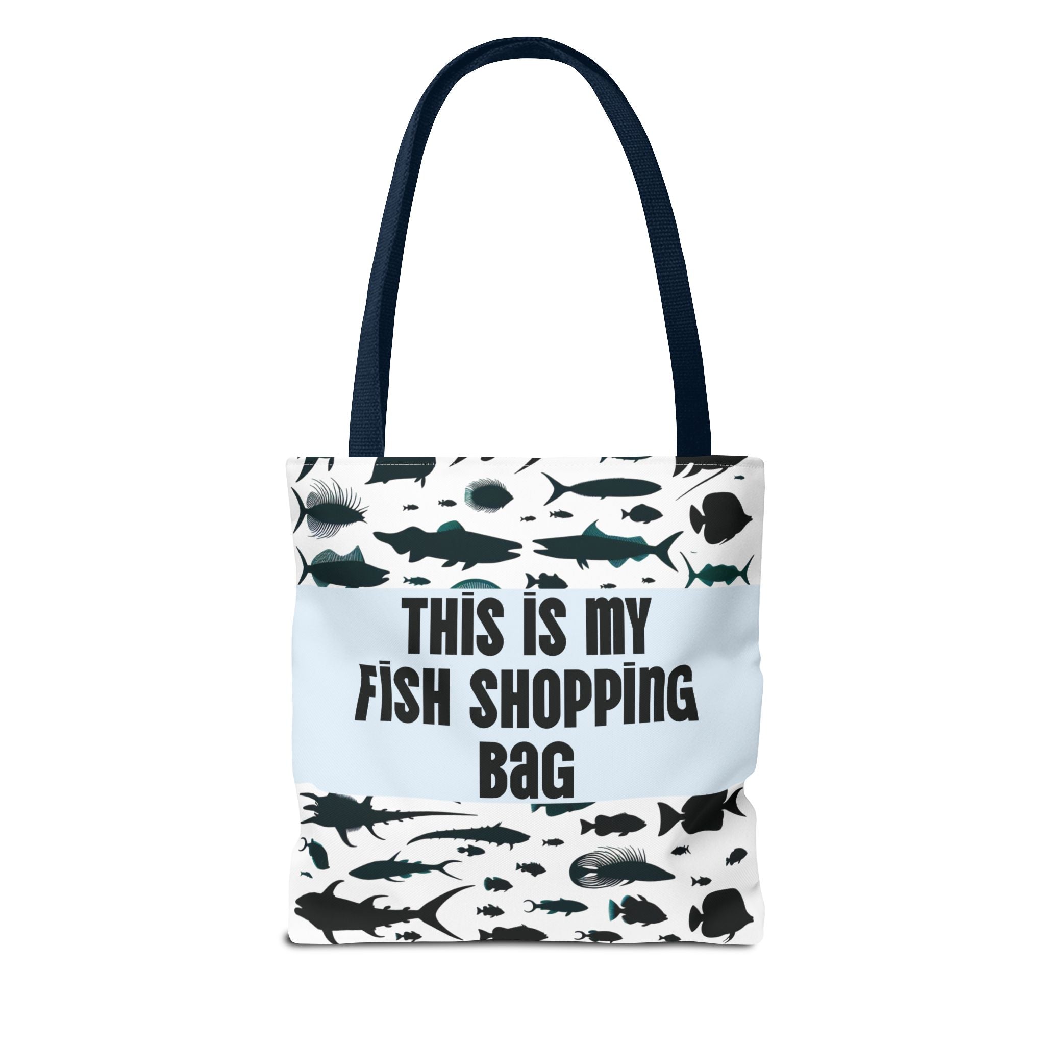 Tote bag with fish design and text 'This is my fish shopping bag' on a white background
