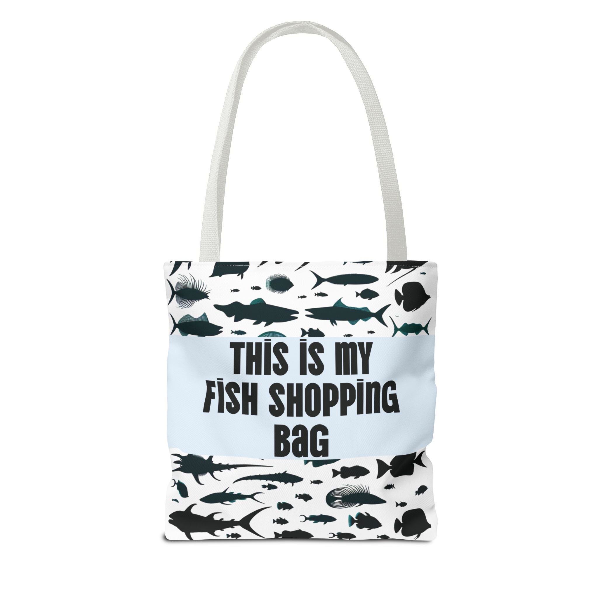 Fun fish-themed bag with black fish silhouettes and text this is my fish shopping bag