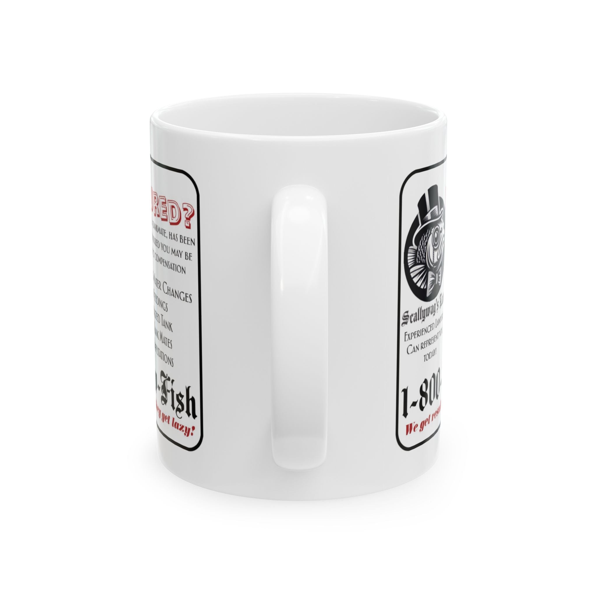 White mug with funny fish injury lawyer mug design featuring humorous legal text and phone number