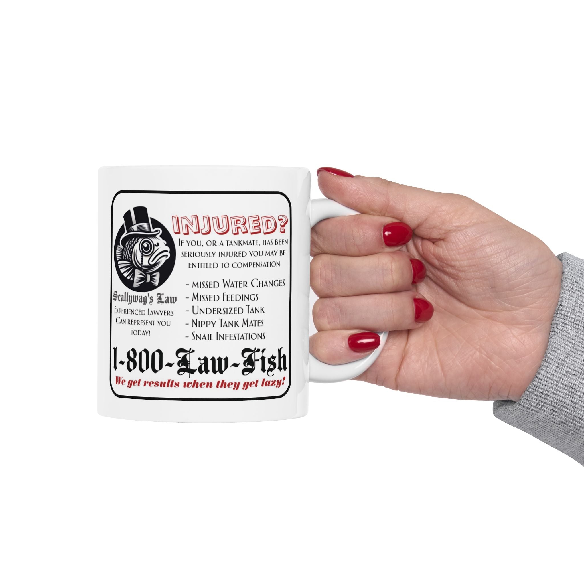 Funny fish injury lawyer mug with humorous legal advice and phone number design