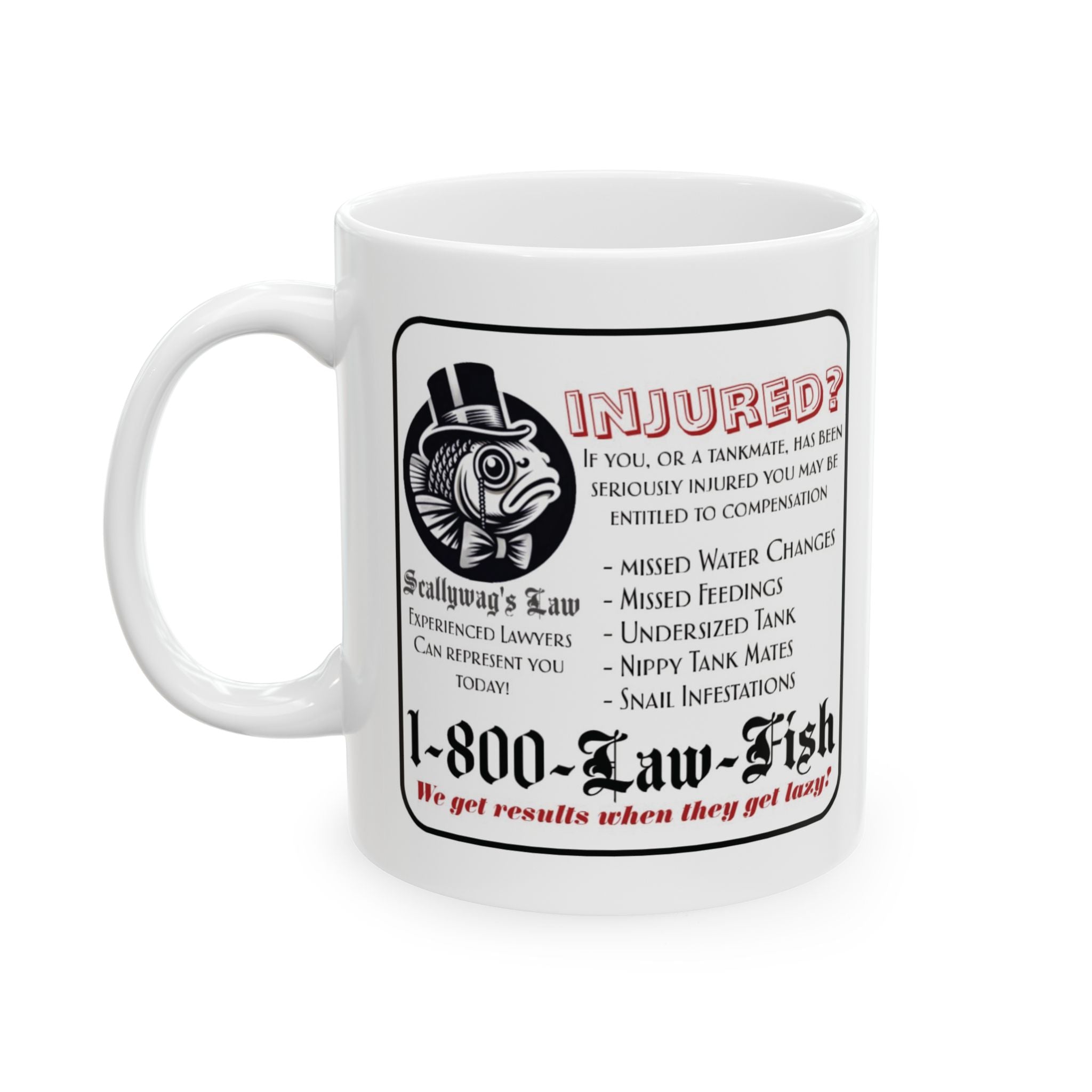 Funny fish injury lawyer mug with humorous legal fish design and text