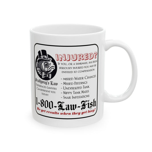 White funny fish injury lawyer mug with humorous fish law advertisement design