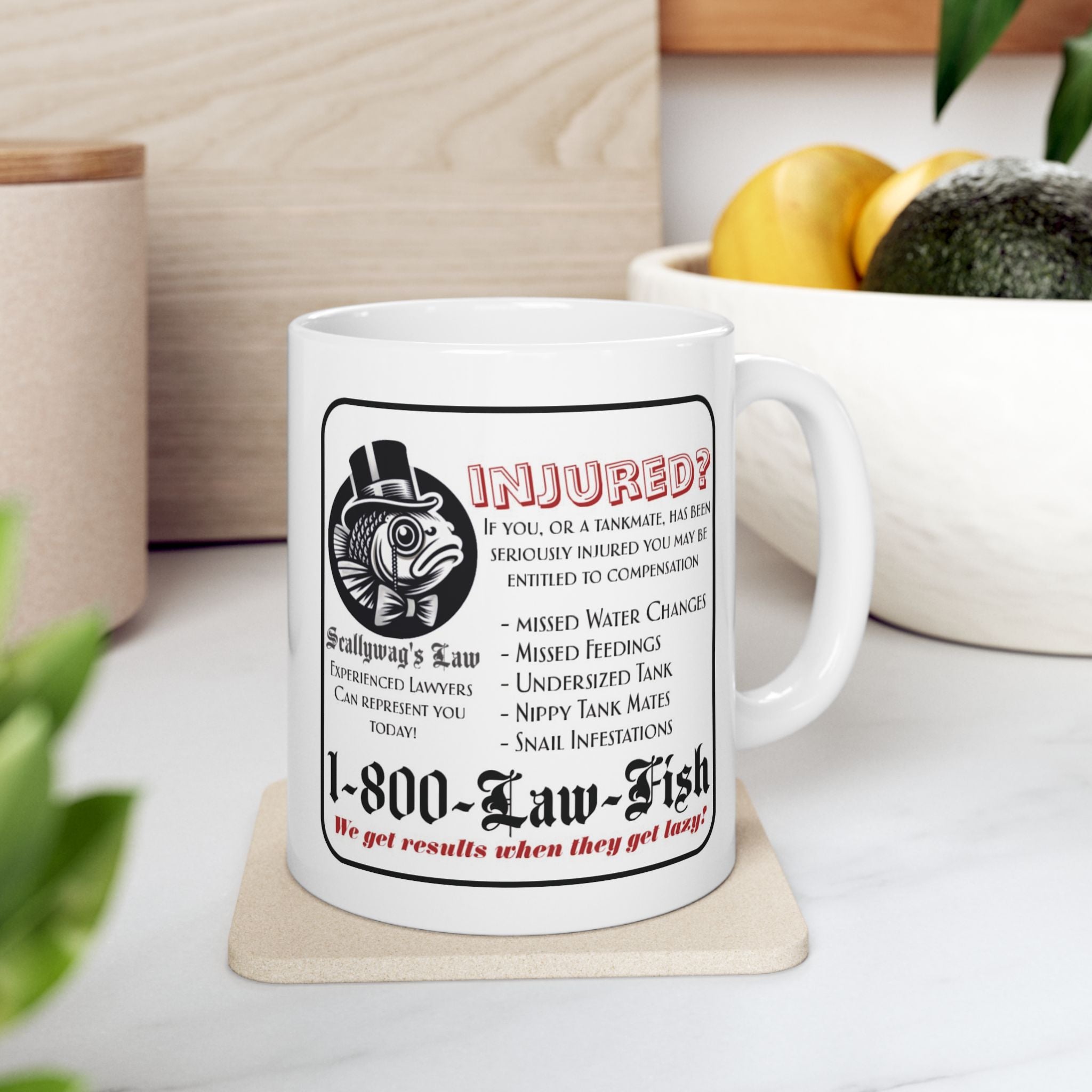 Funny fish injury lawyer mug from Printify with humorous legal-themed fish design