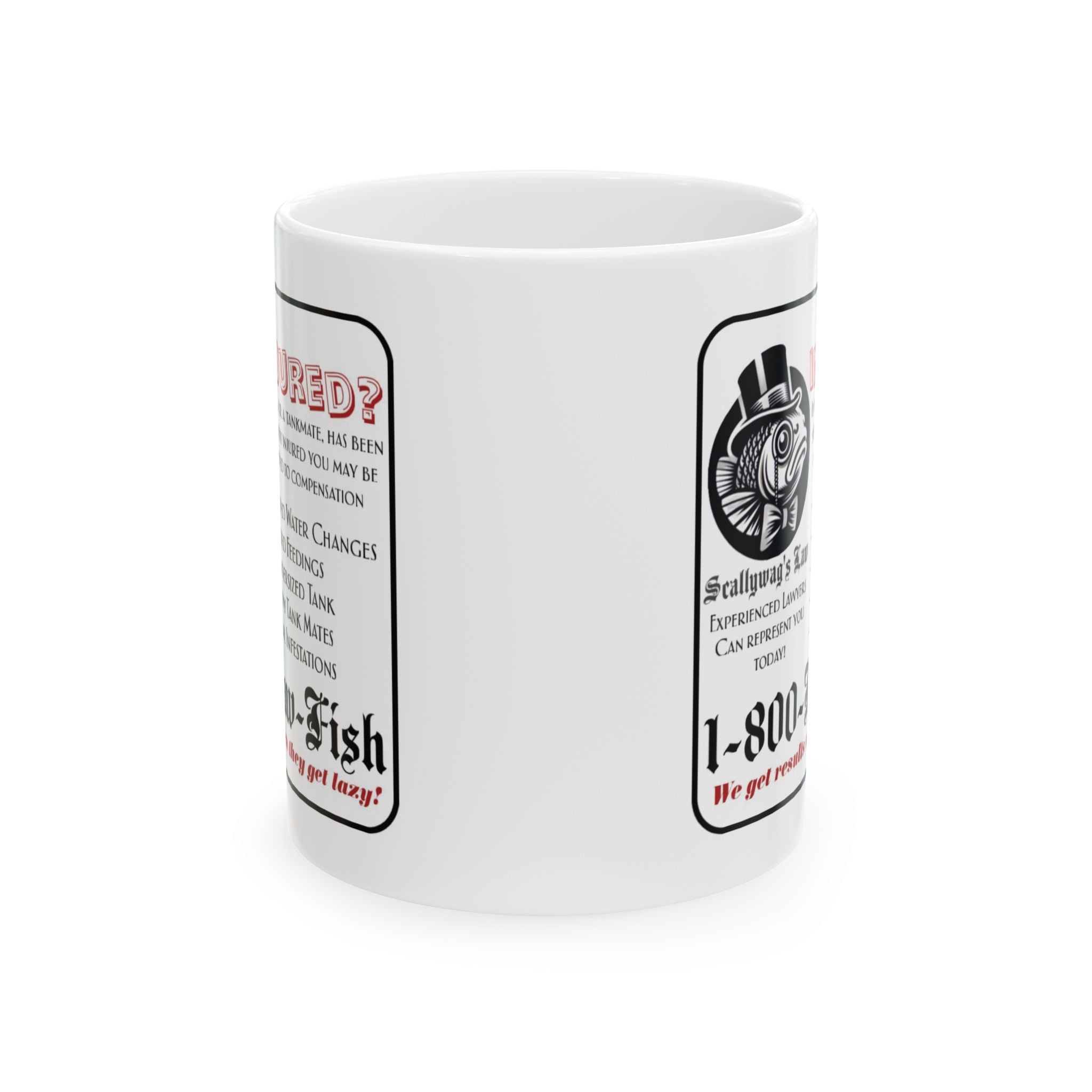 White funny fish injury lawyer mug with cartoon fish and legal text design