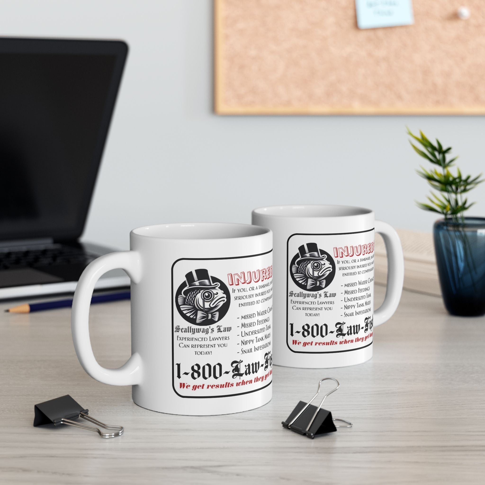 Printify funny fish injury lawyer mug with humorous legal design on white ceramic mug