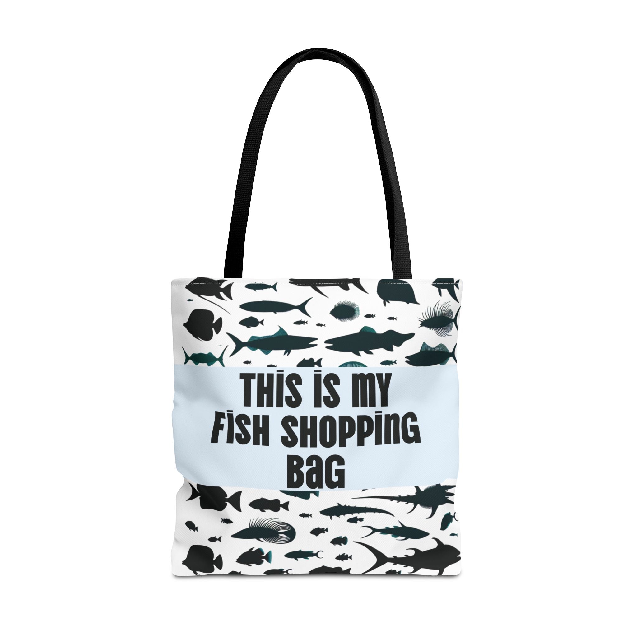 Funny fish print tote bag with black fish silhouettes and This is my fish shopping bag text