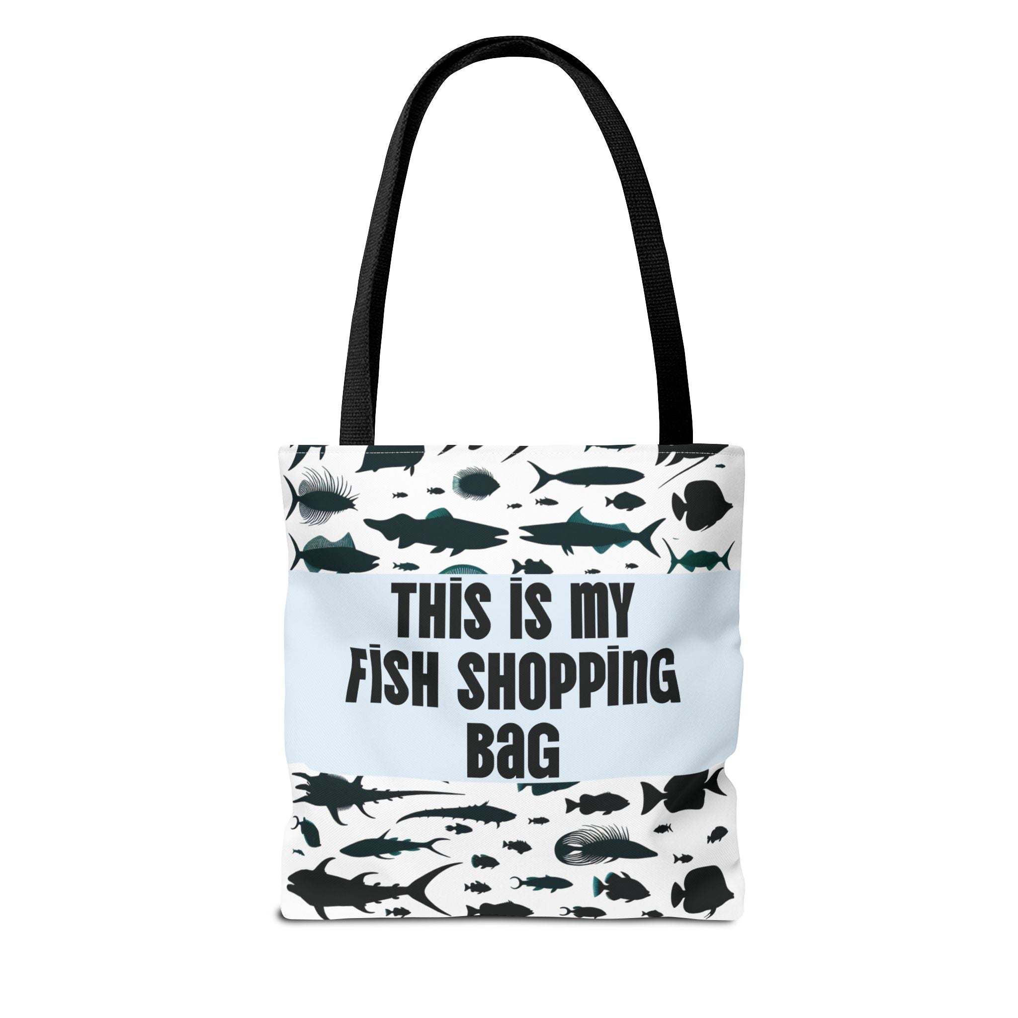 Funny fish-themed tote bag with black fish prints and text this is my fish shopping bag