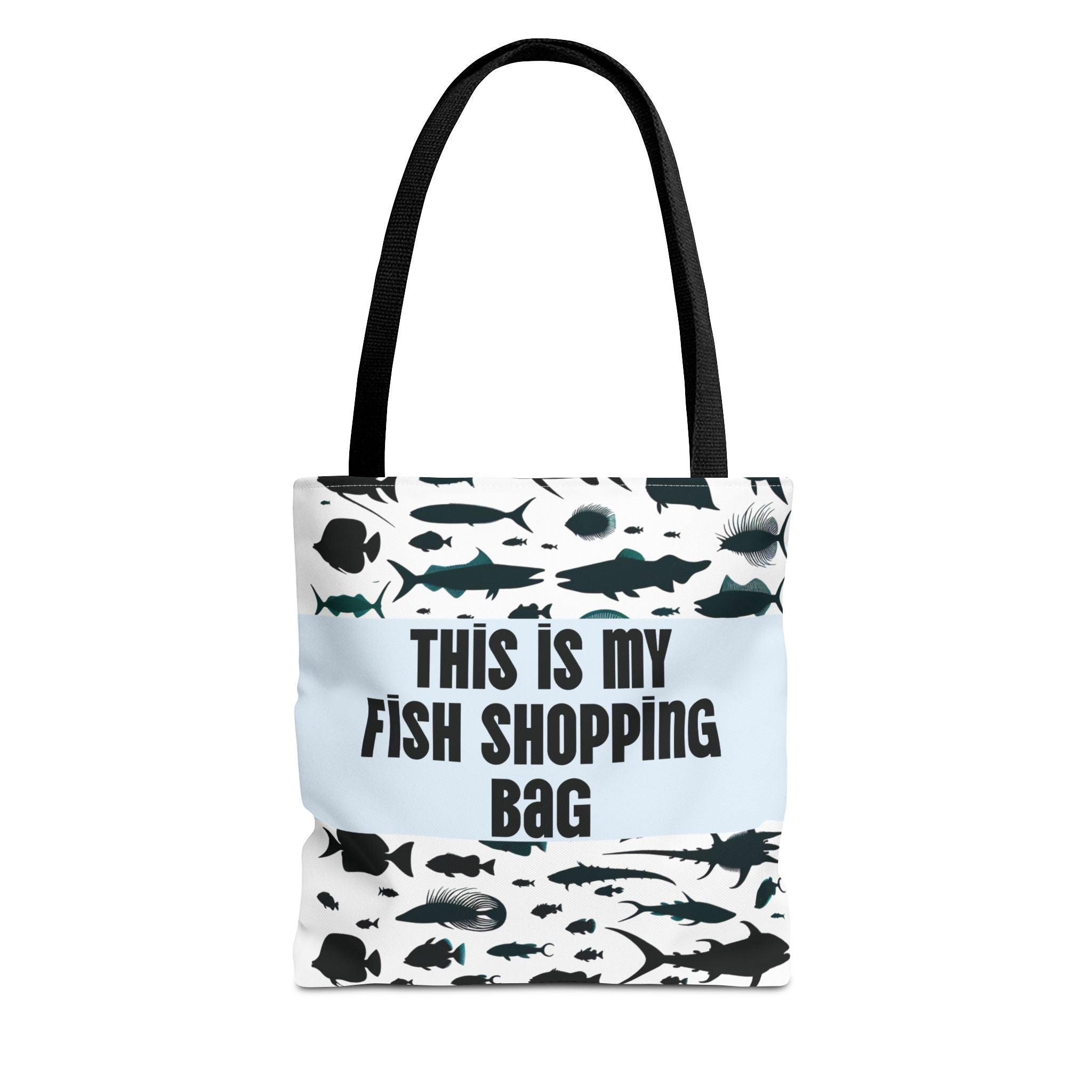 Funny fish-themed tote bag with black silhouettes of fish and text This is my fish shopping bag