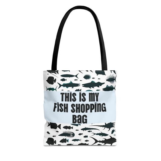 Funny fish-themed tote bag with black silhouettes of fish and text This is my fish shopping bag